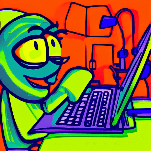 cartoon of green guy at a computer